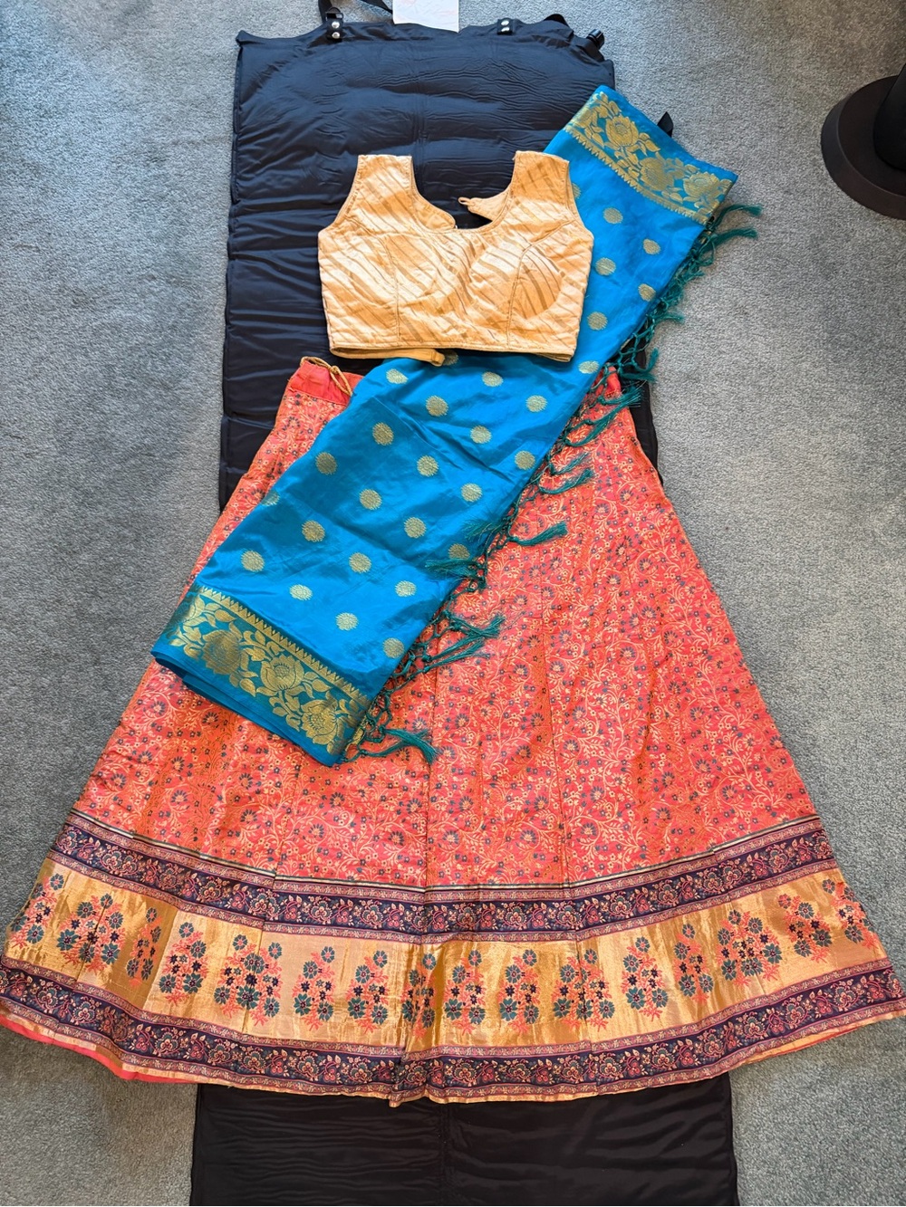 Women’s size S Floral Lehenga with Gold-Accent Teal Dupatta and Gold Blouse